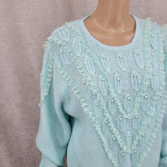 Debra Martin Vintage Women's Mint Blue Knit Sweater Lace Pearl Embellished - Picture 2 of 11